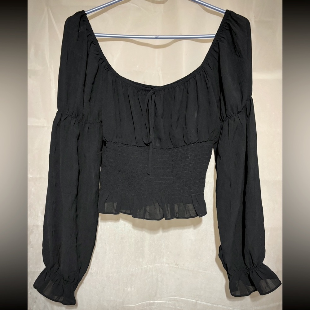 Guess Black Smocked Crop Long Sleeve Top-Size Medium-NWT